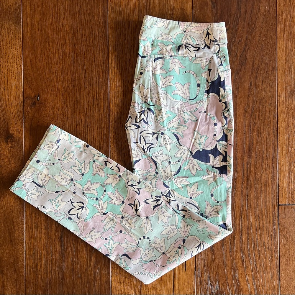 Emilio Pucci Pastel Floral Straight Leg Pants in Mint, Pink & Navy